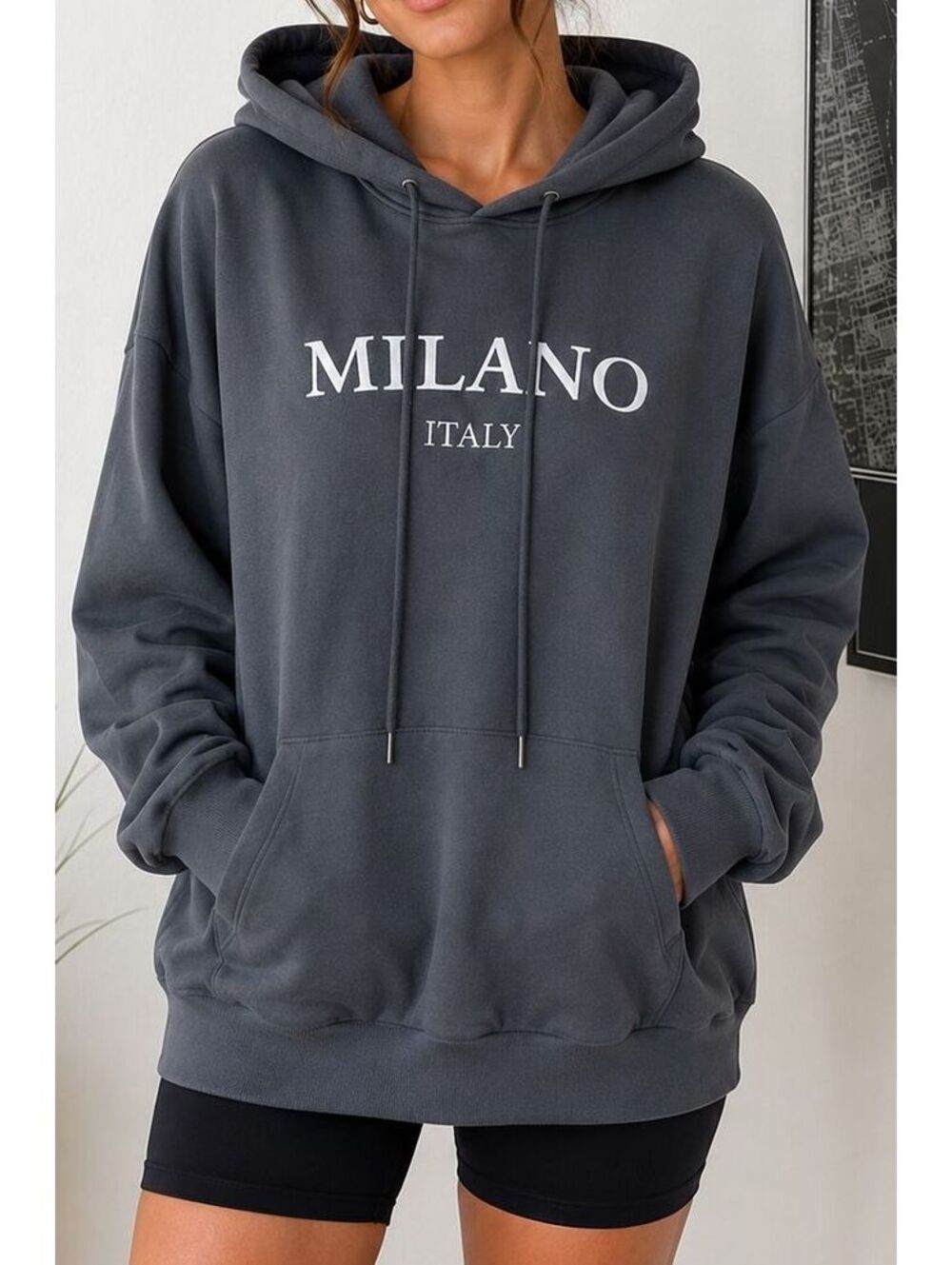 SHEIN Milano Italy Hoodie Women's Gray Oversized Graphic Pullover Sweatshirt